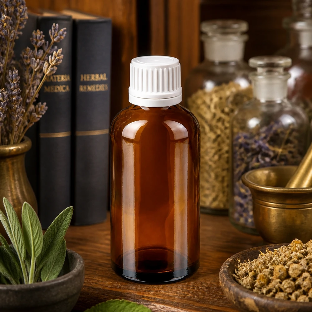 Klein 50ml amberkleurig glazen flesje met kindveilige dop voor essentiële oliën en tincturen