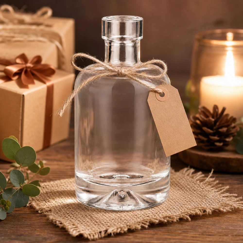 50ml glazen fles Amelie leeg met geschenkdecoratie en kaars toont edele presentatie als geschenkverpakking