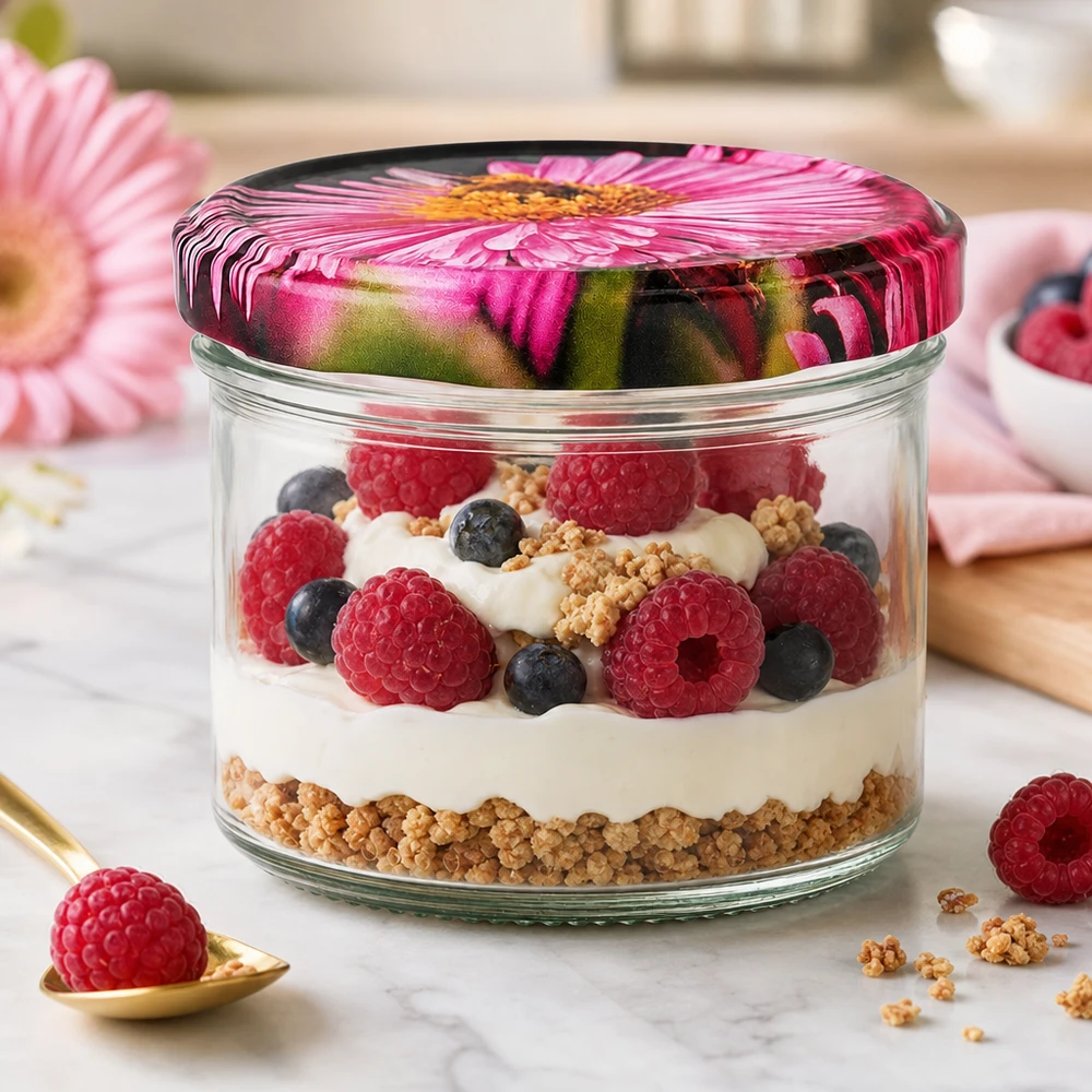230ml cilindrische pot met BasicSeal deksel Bloemen decor UNiTWIST Cilinderpot 230ml BasicSeal bloemendeksel roze gerbera dessertpot yoghurt bessen granola gelaagd dessert keuken