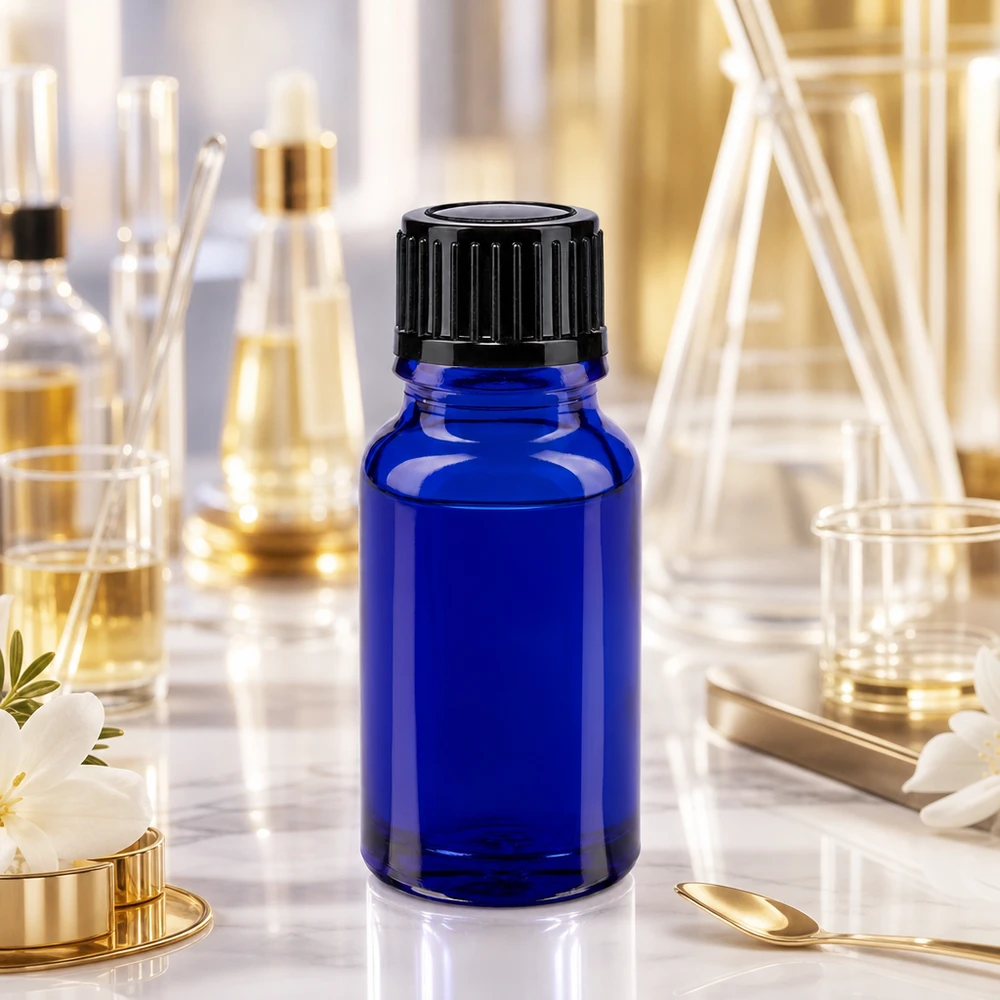Blauw ApoGlas-flesje van 10 ml met zwarte druppelaar van 1 mm voor tincturen en extracten