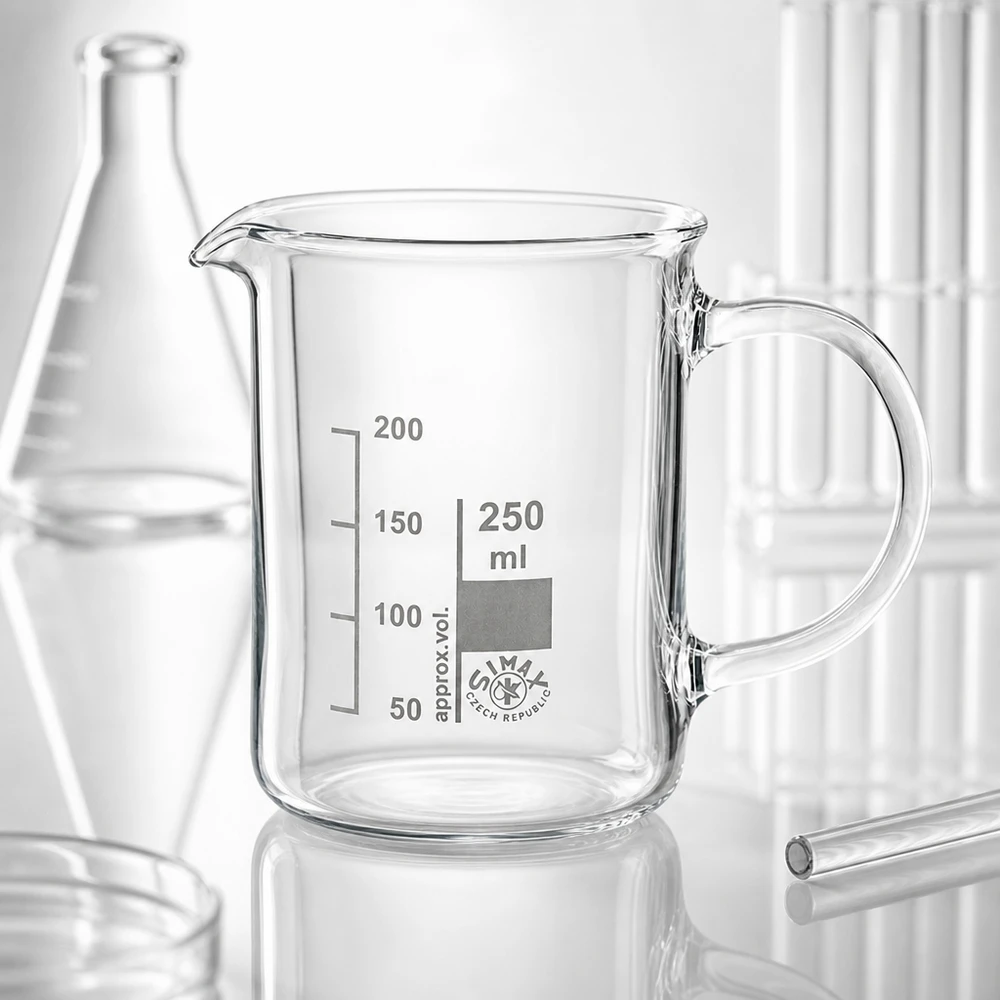 Laboratoriumbeker van 250 ml, borosilicaatglas, met handvat aan de zijkant en nauwkeurige volumeschaal – zijaanzicht