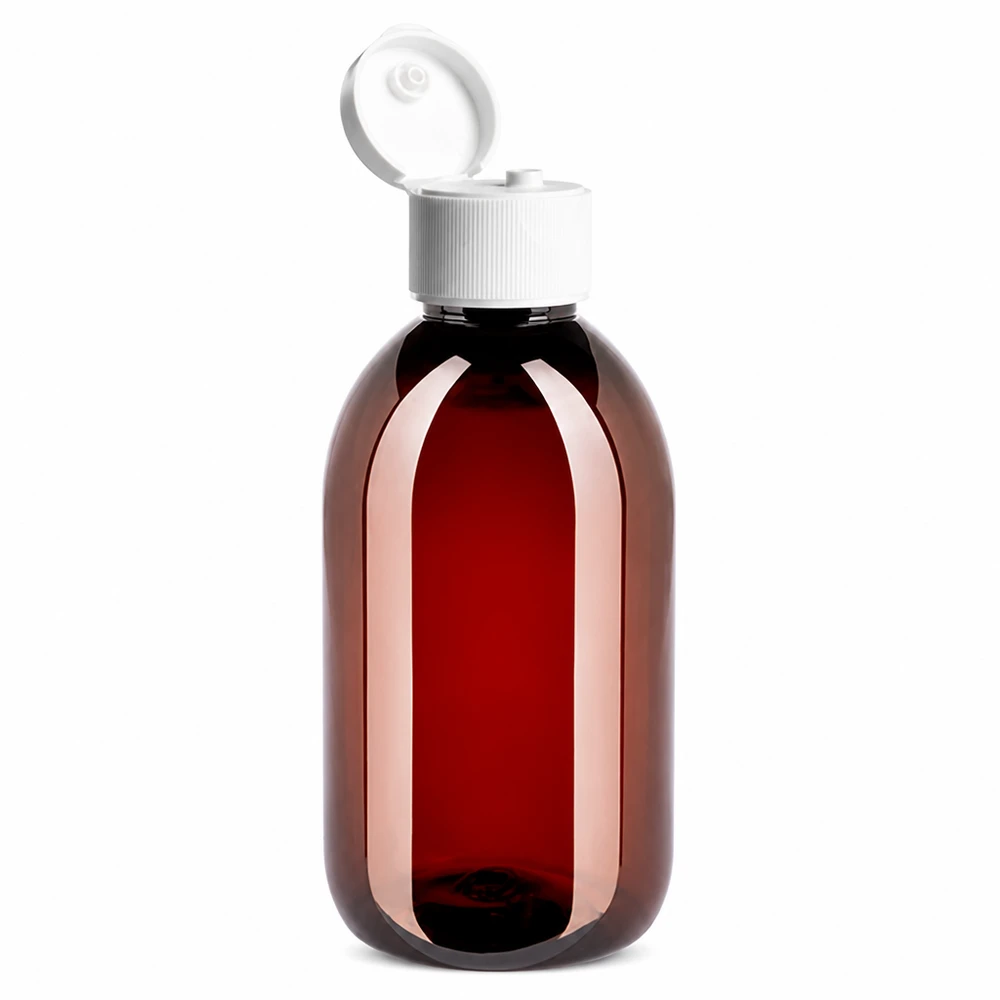 PET-fles van 250 ml in bruinglaslook, met UV-bescherming en een kindveilige witte klapdop