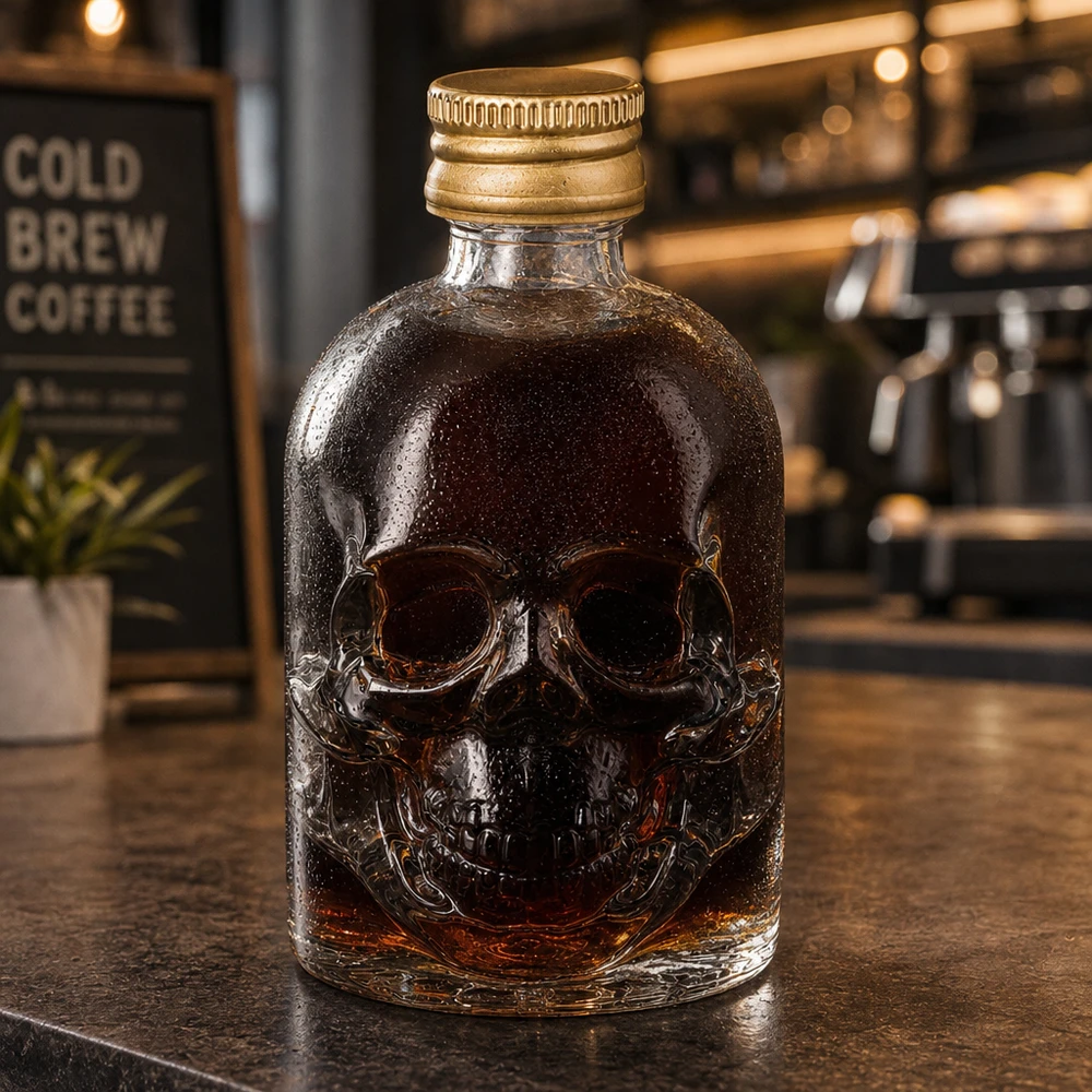 50ml Hector glazen fles met schedelreliëf en gouden schroefdop in café sfeer met cold brew koffie