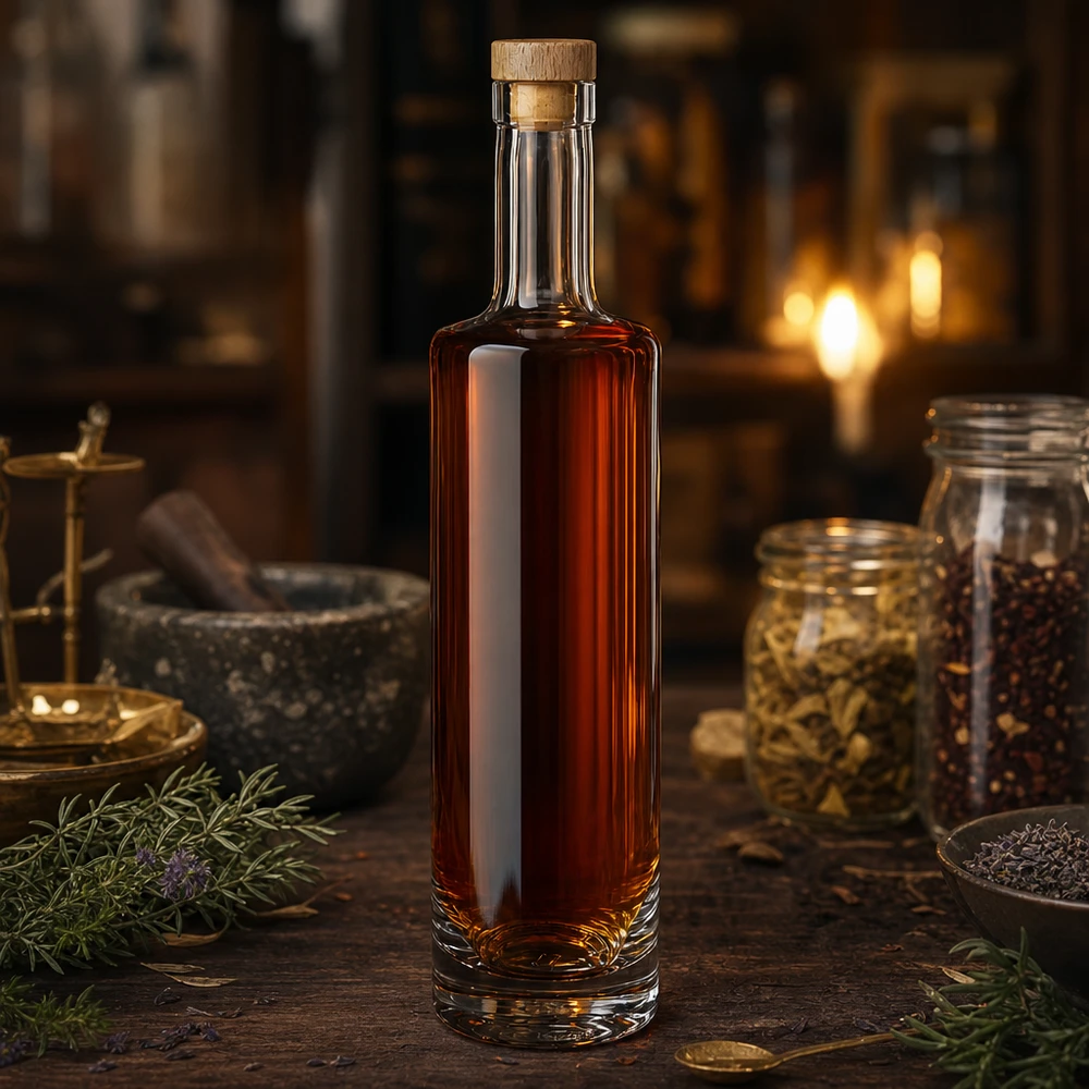 500 ml glazen fles Lina met houten handgreep UNiTWIST® 500ml Glasflasche Lina mit bernsteinfarbener Flüssigkeit und Holzkorken in rustikaler Küche mit Gewürzen und Kräutern
