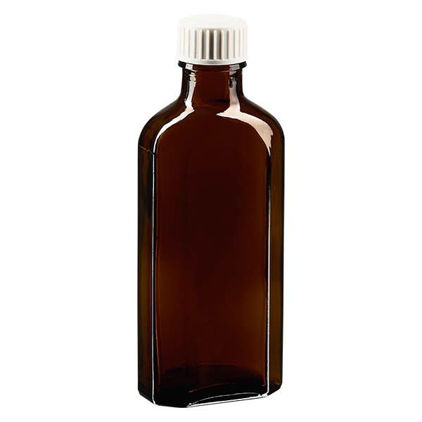 100 ml bruine meplatfles met DIN 22 monding, inclusief schroefsluiting DIN 22 wit met PE-schuiminzetstuk 100 ml bruine meplatfles met DIN 22 monding, inclusief schroefsluiting DIN 22 wit met PE-schuiminzetstuk