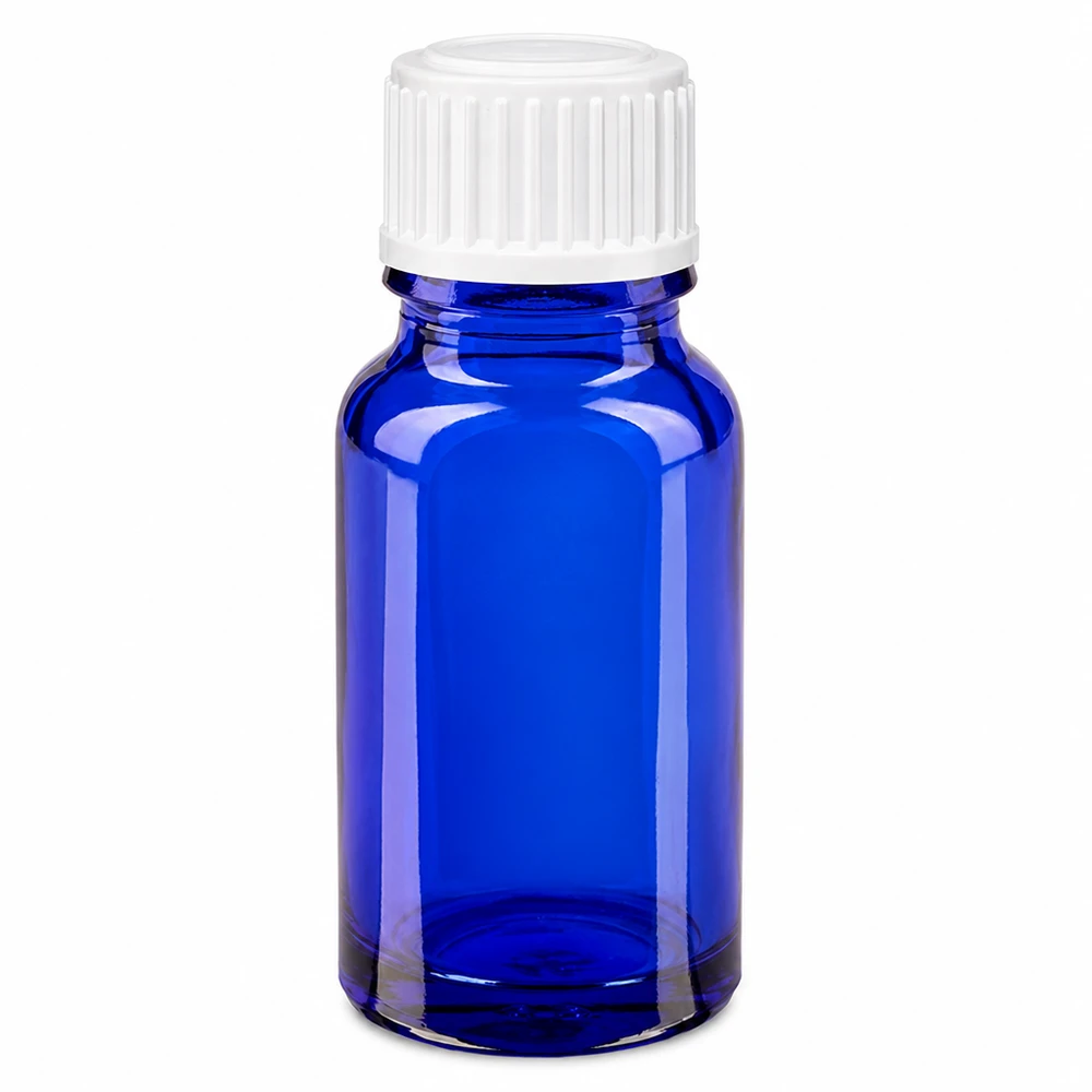 Kobaltblauw glazen flesje van 10 ml met een kindveilige witte schroefdop voor druppels