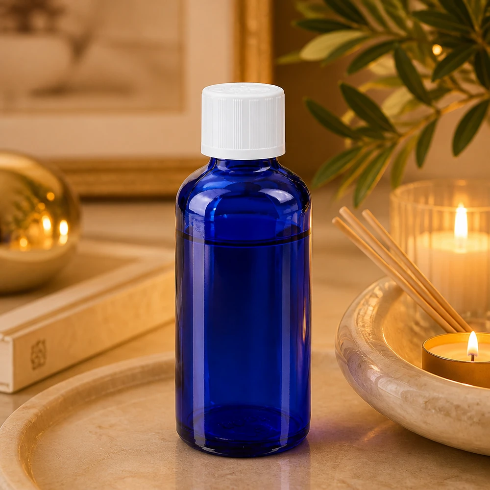 Blauwe glazen flessen 50ml met wit schroefsluiting kinderslot St Kleine blauwe glazen fles van 50 ml met kindveilige sluiting voor etherische oliën en essences