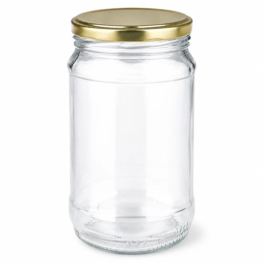 Rond glas van 370 ml + BasicSeal goud UNiTWIST Doorzichtig conservenglas van 370 ml met goudkleurige metalen deksel uit de BasicSeal UNiTWIST-serie