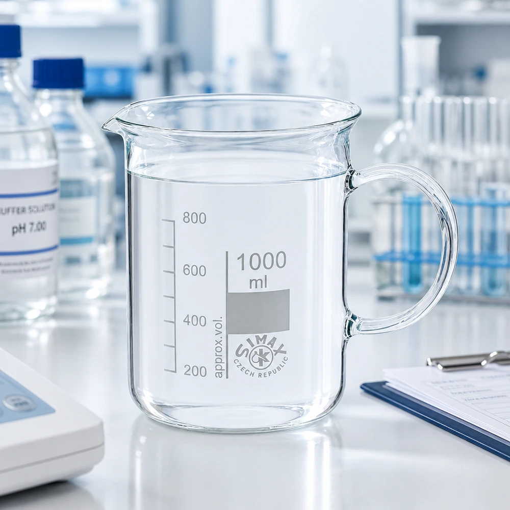 Doorzichtig bekerglas van 1000 ml met handvat en zichtbare volumeschaal van 200 tot 800 ml