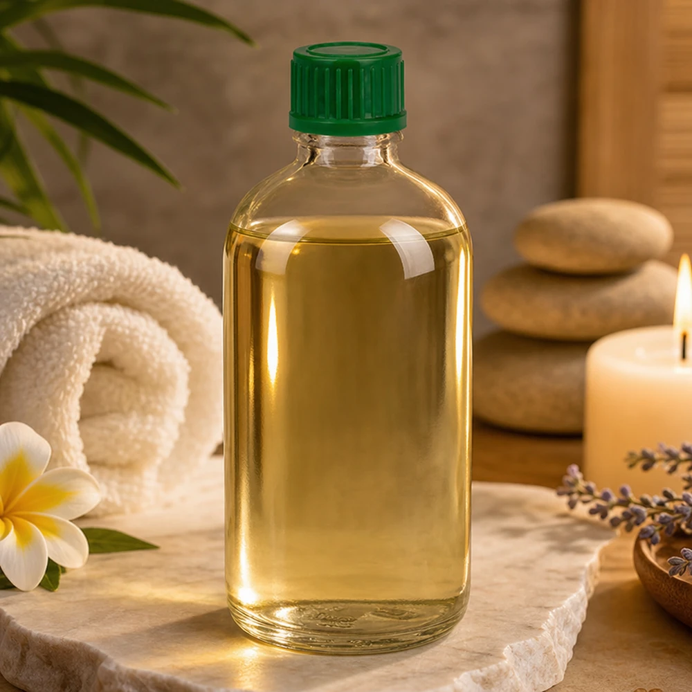 Massageolie in een ClearLine-glazen fles van 100 ml, type UT18/100, met een groene kindveilige dop van 11 mm SV
