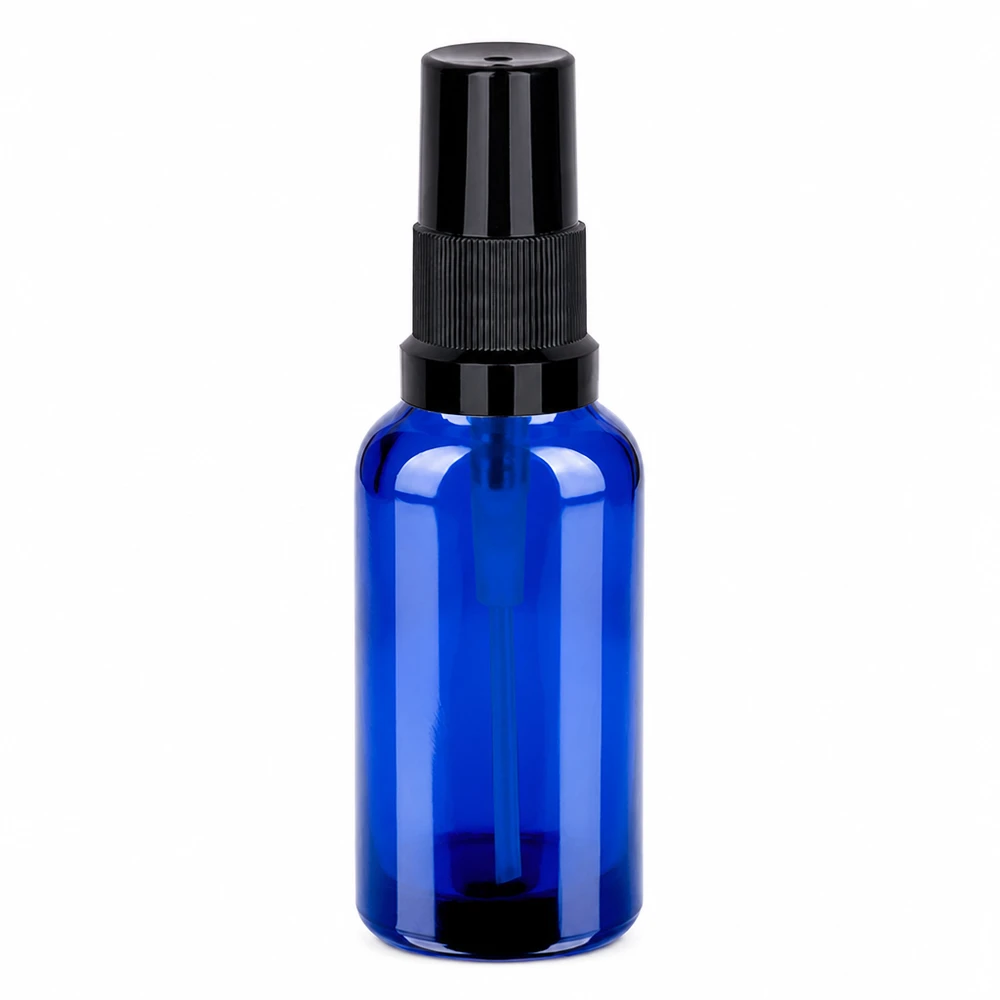30ml spuitfles zwart STD BlueLine UT18/30 Hoogwaardige glazen sprayflacon 30ml in blauw met robuuste zwarte dop