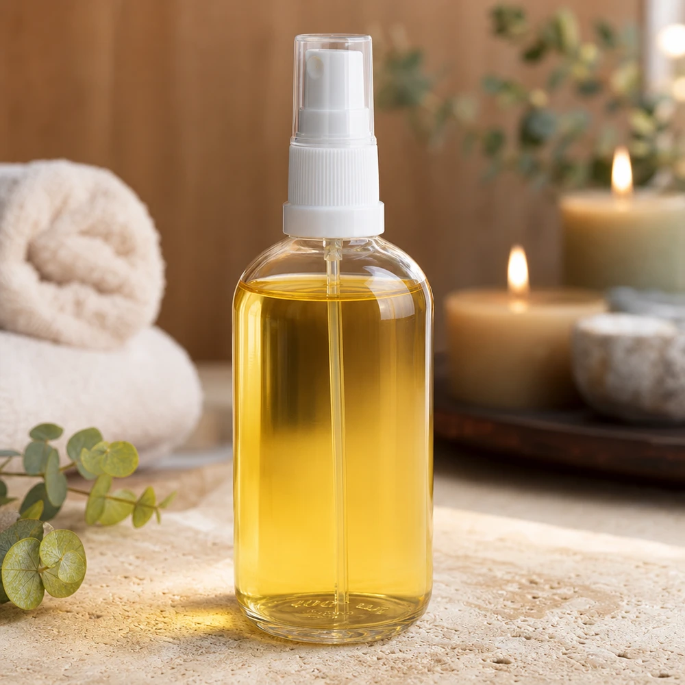 Glazen flesje van 100 ml ClearLine UT18 met witte verstuiver, wellnessolie Spa Ambiente