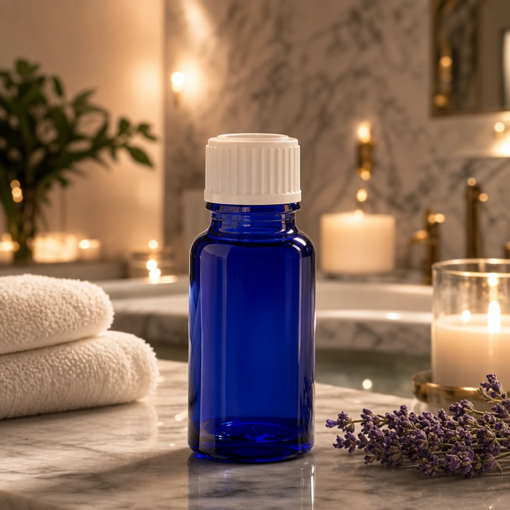 Kobaltblauwe apothekersfles van 10 ml, glazen flesje met UV-bescherming en witte druppeldop