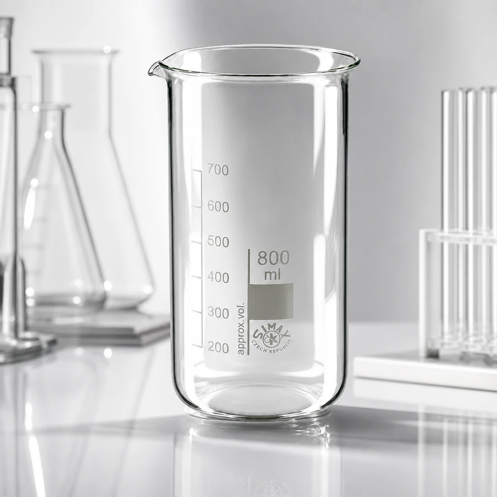 Hohe Form laboratoriumglaswerk: bekerglas van 800 ml voor chemische experimenten, vervaardigd uit breukvast borosilicaatglas