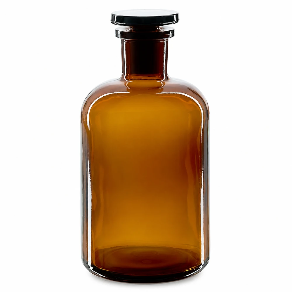 Fles met ronde schouders, bruin glas, 500 ml, smalle hals, UV-bescherming, glazen stop