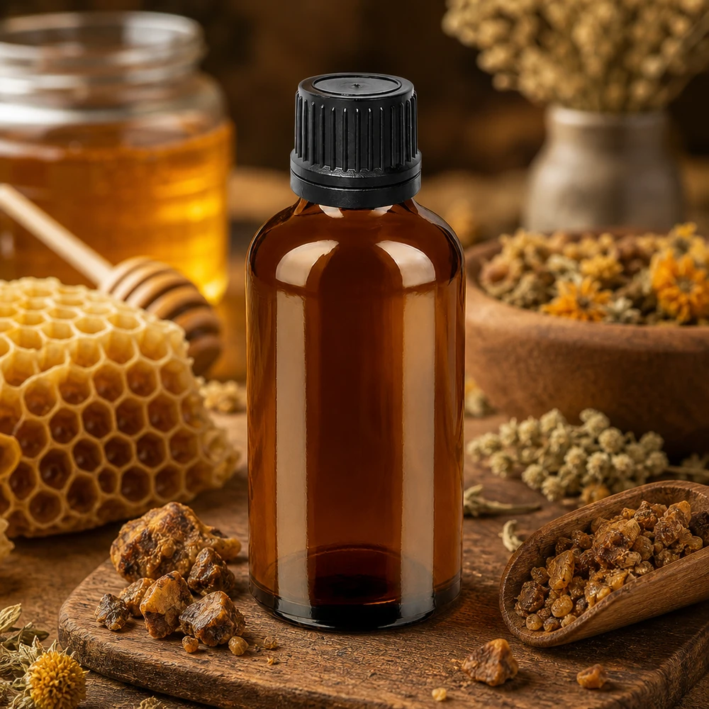 Robuuste 50ml amberkleurige glazen fles met kindveilige druppeldop voor in het medicijnkastje
