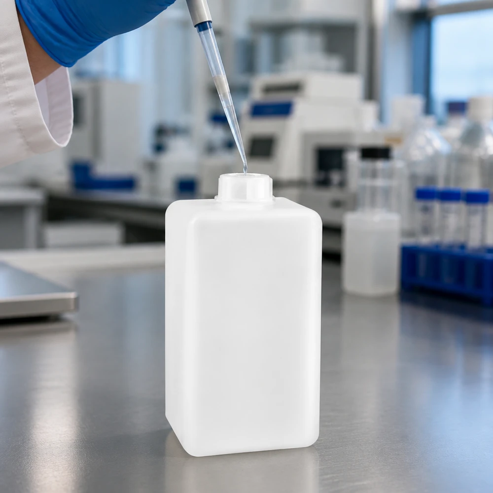 Chemicaliënfles 1500 ml, nauwe hals, incl. sluiting GL 32 PE-HD-fles voor chemicaliën van 1500 ml met smalle hals op een roestvrijstalen tafel in een professionele laboratoriumomgeving