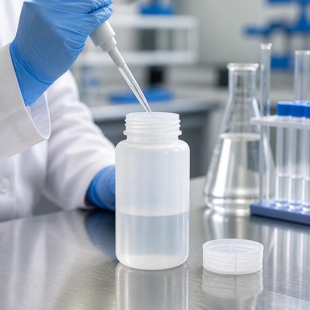 Laboratoriumfles van 1000 ml met brede hals en schroefdop, voor gebruik in een professionele laboratoriumomgeving