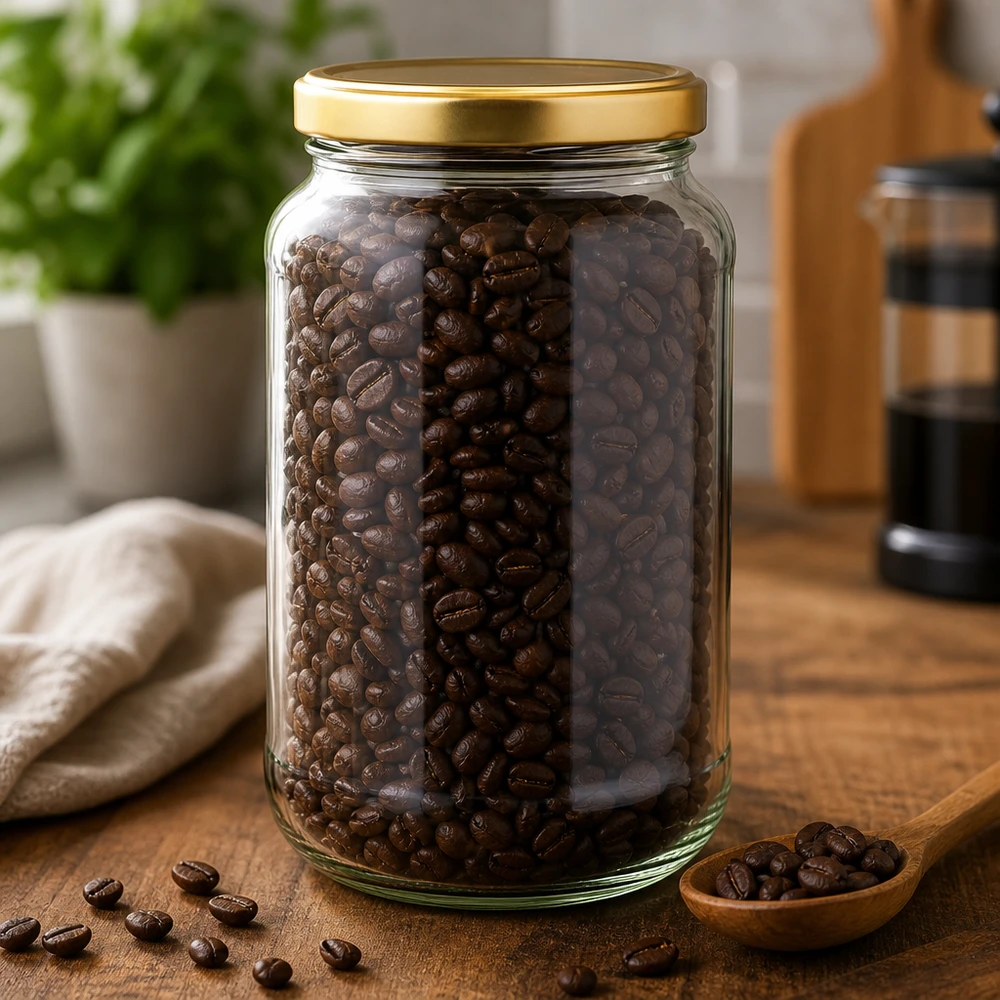 1700ml ronde pot met gouden BasicSeal deksel gevuld met koffiebonen op houten plank in keuken toont opbergruimte