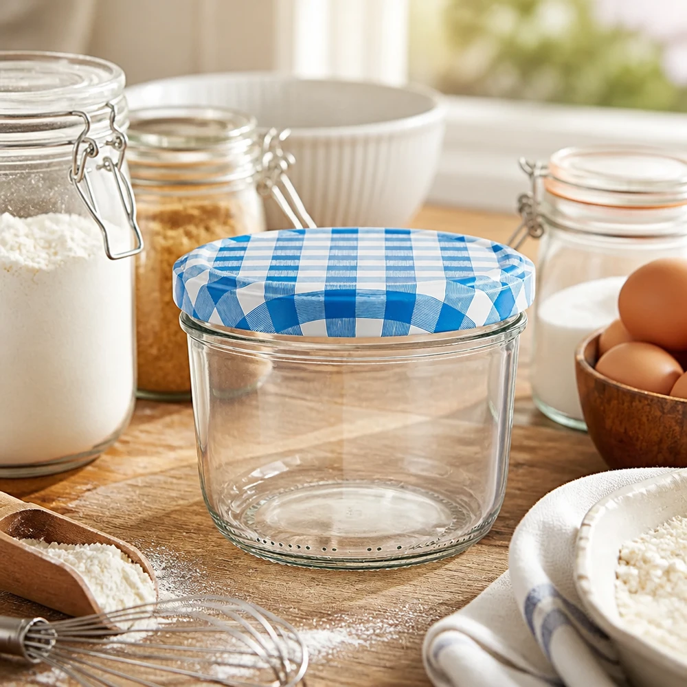 230 ml metselpot met blauw-wit geblokt BasicSeal deksel op houten tafel tussen bakingrediënten en eieren
