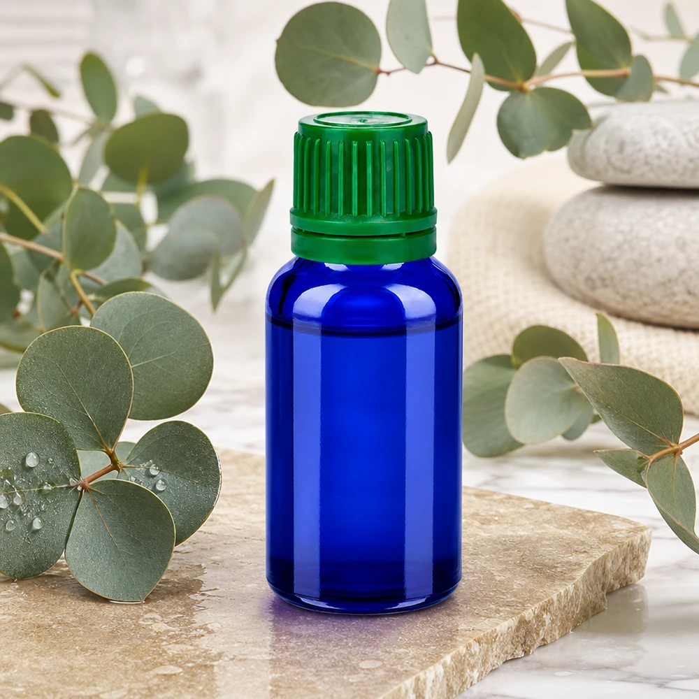 20ml flesje 11mm SV groen OV BlueLine UT18/20 20 ml laboratoriumflesje van UV-beschermend kobaltglas met een nauwsluitende groene dop