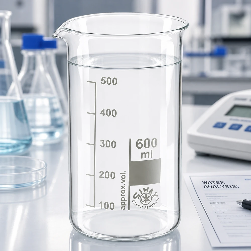 Becherglas 600 ml, hoog model, Simax Tsjechië, met heldere vloeistof en schaalverdeling 100-500 ml