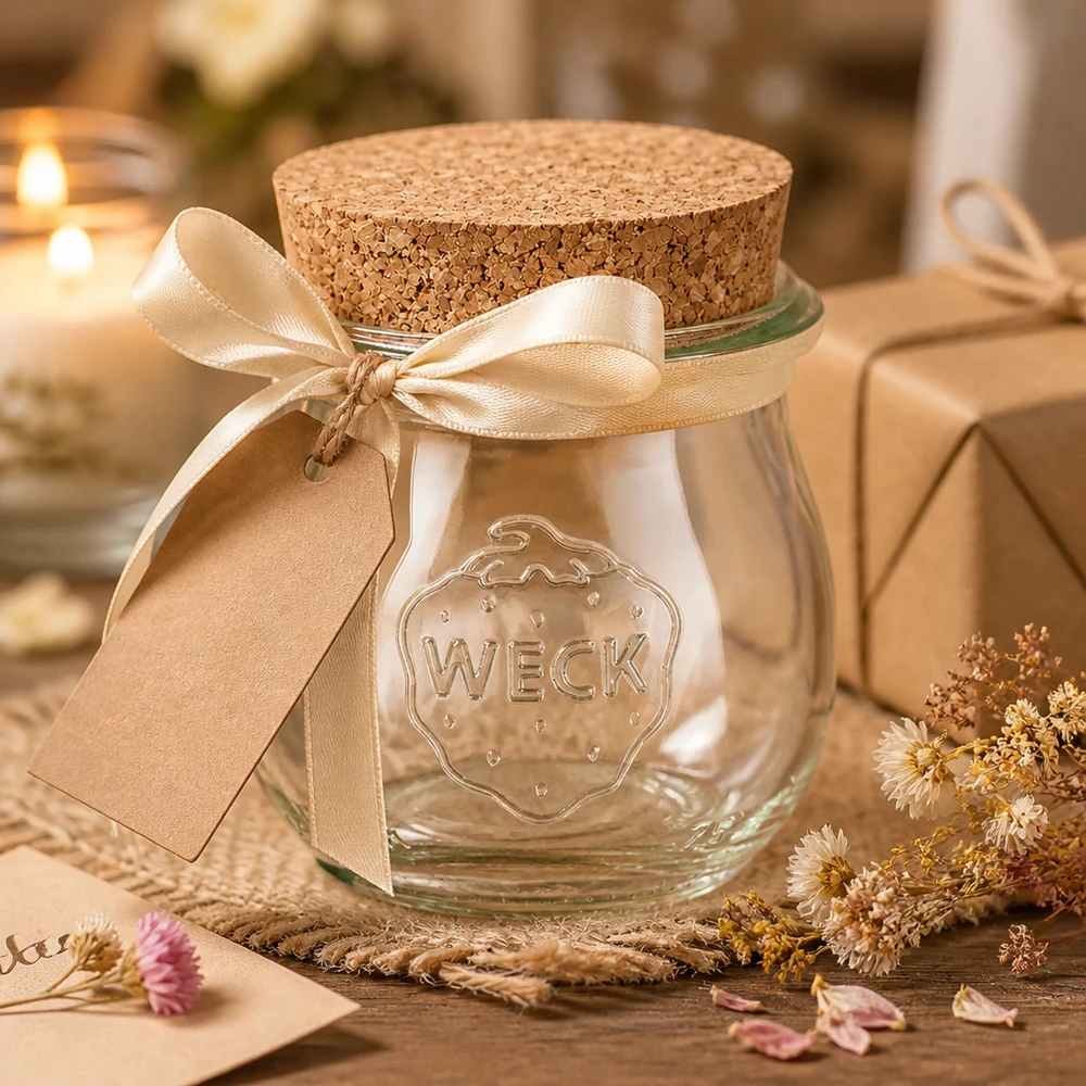 WECK tulpenpot 75ml gedecoreerd met strik en cadeaulabel als cadeau-idee met natuurlijke kurkstop