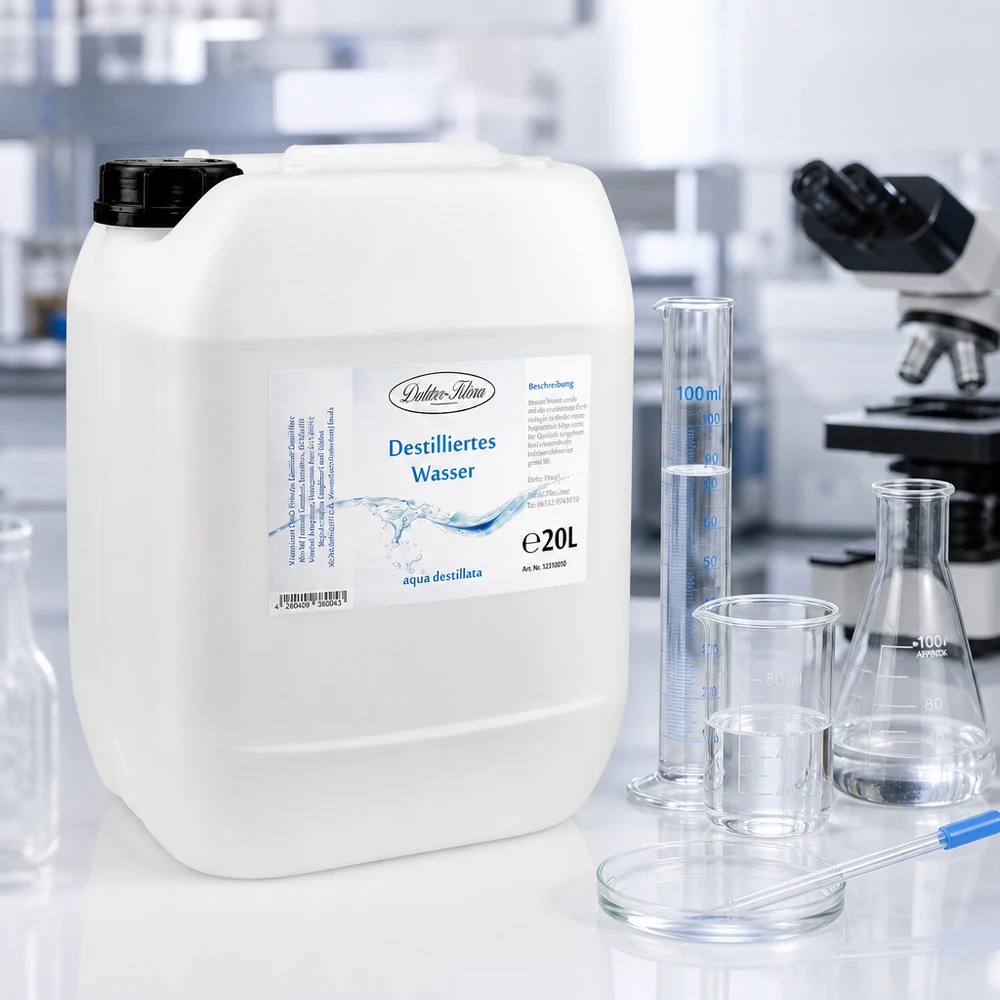 20 liter gedestilleerd water Dokter Klaus in een transparante laboratoriumomgeving met glaswerk en microscoop
