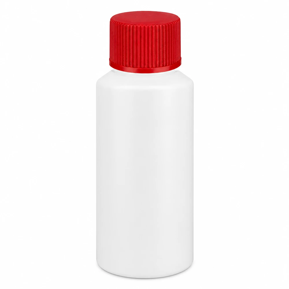 PET cilinderfles 30ml wit met schroefsluiting rood Witte medicijnfles van 30 ml met geribbelde rode schroefdop, HDPE