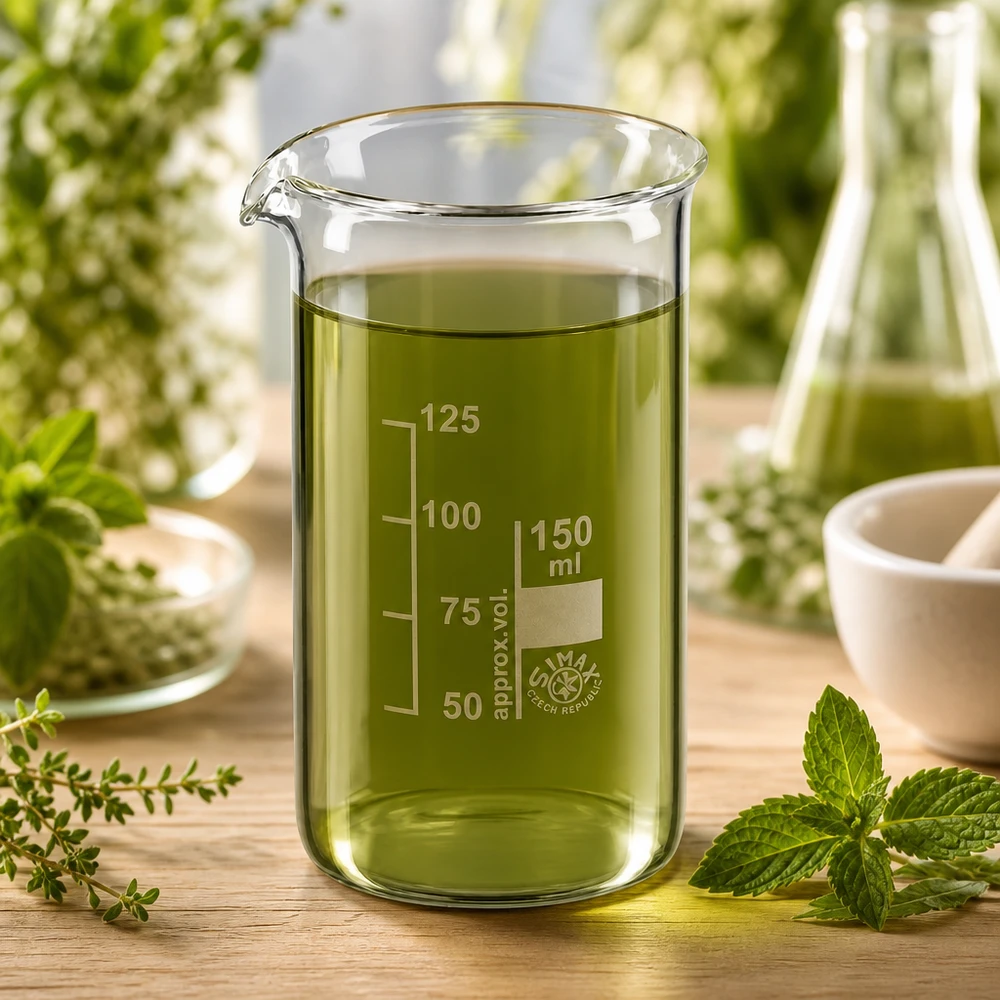 Cilindrisch bekerglas van 150 ml met schenktuit en groen plantenextract op een houten ondergrond