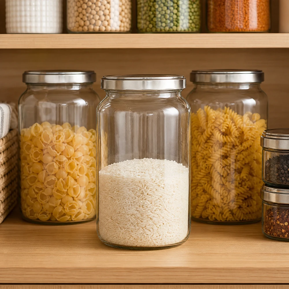 795 ml ronde pot met BasicSeal deksel gevuld met rijst in georganiseerde voorraadkast naast pasta en kruiden