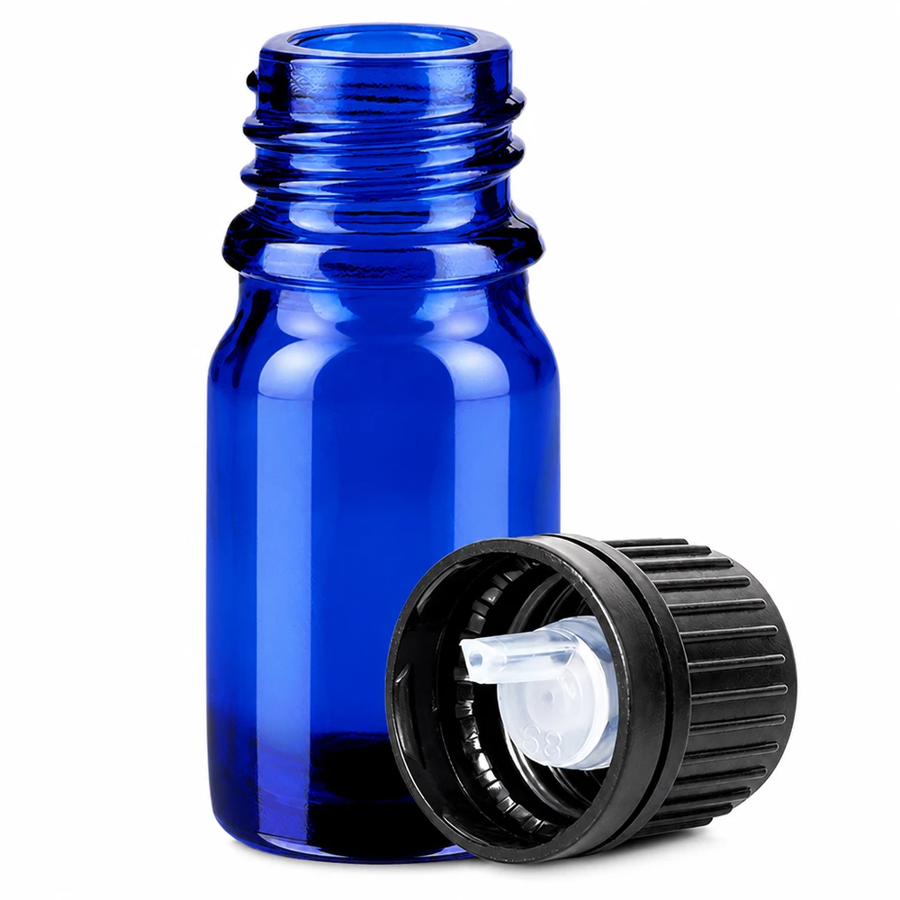 5ml druppelflesje 1mm zwart OV BlueLine UT18/5 Compact druppelflesje 5ml blauw glas met 1mm opening voor medicijnen en extracten