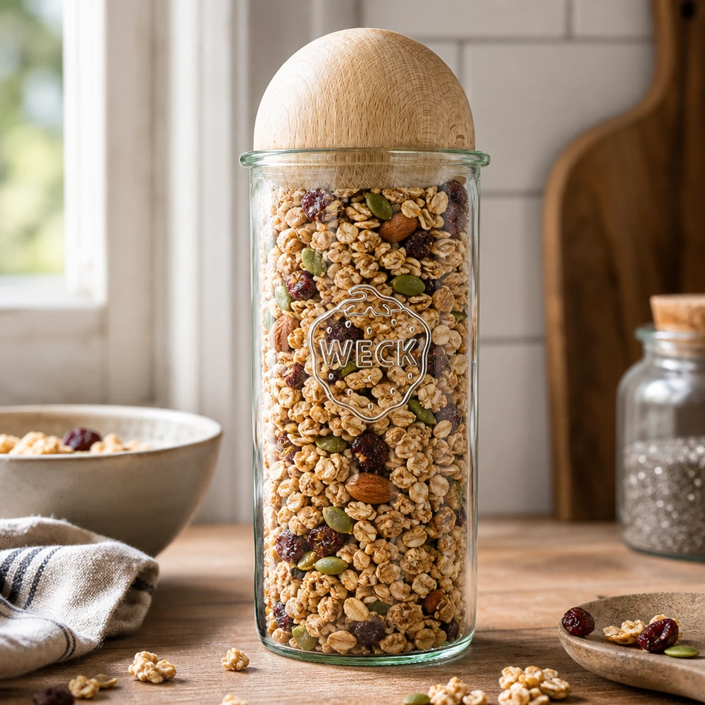 WECK voorraadpot 1500ml gevuld met muesli en noten, houten boldeksel van beukenhout, keukensfeer met kom