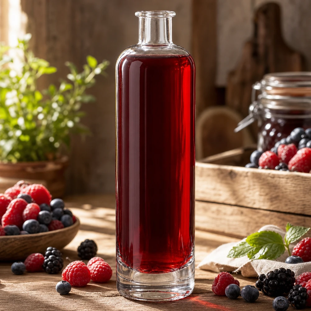 500 ml glazen fles Ella UNiTWIST gevuld met rode bessensap omringd door verse frambozen en bosbessen