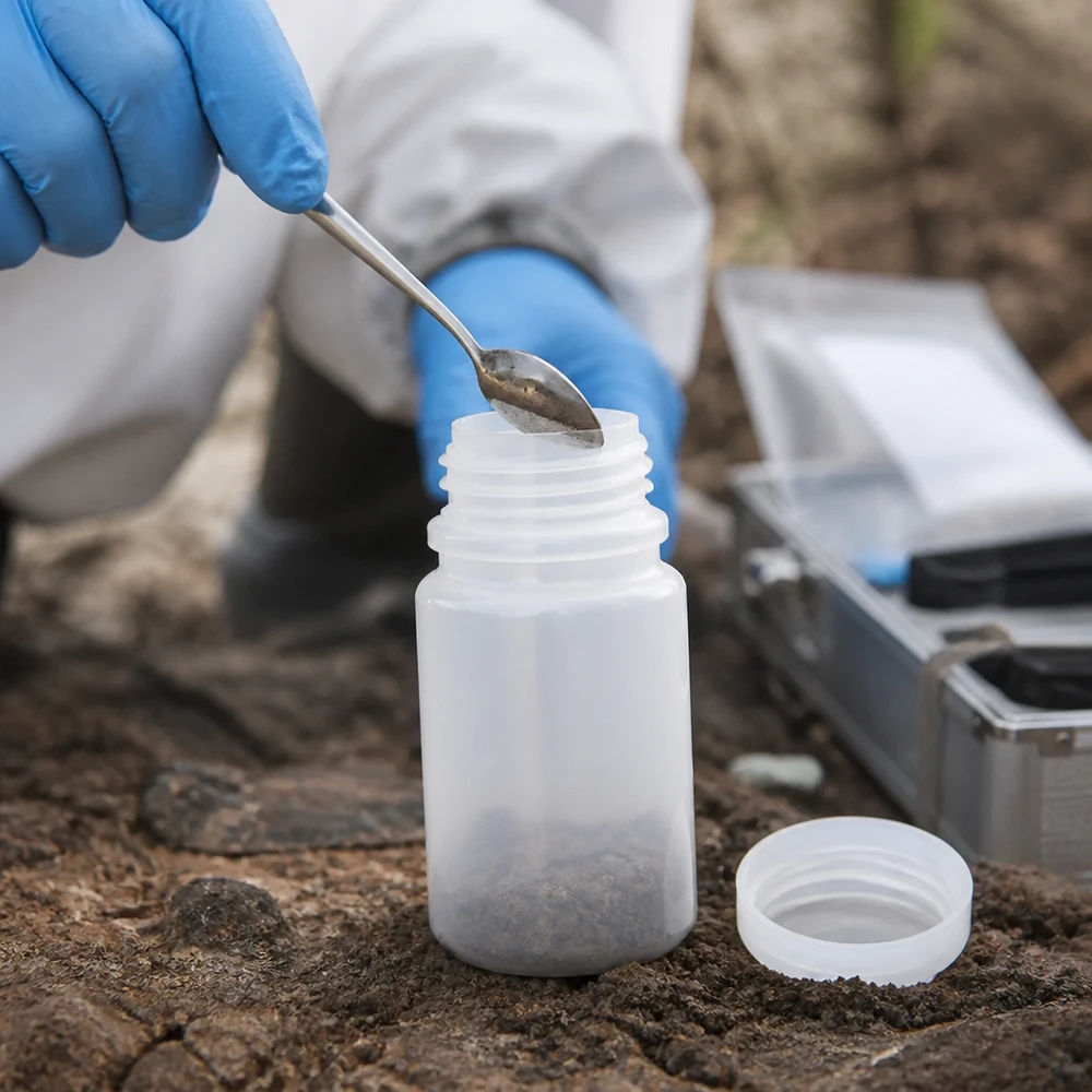 Wijde hals laboratoriumfles 50ml zonder sluiting Een geowetenschapper neemt een bodemmonster in een 50 ml-fles met wijde hals, die naast de monsterkoffer staat