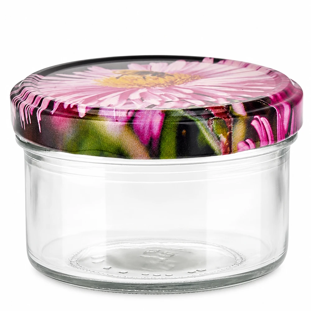 Rond glas van 186 ml + BasicSeal-deksel 'Blüte' UNiTWIST UNiTWIST ronde glazen pot van 186 ml, plat model met roze bloemenmotief, schroefdeksel BasicSeal