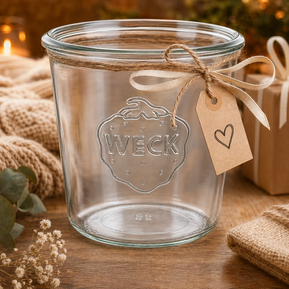 WECK 580 ml RR100 glazen bekers met reliëfdruk en decoratief cadeaulint op een houten tafel