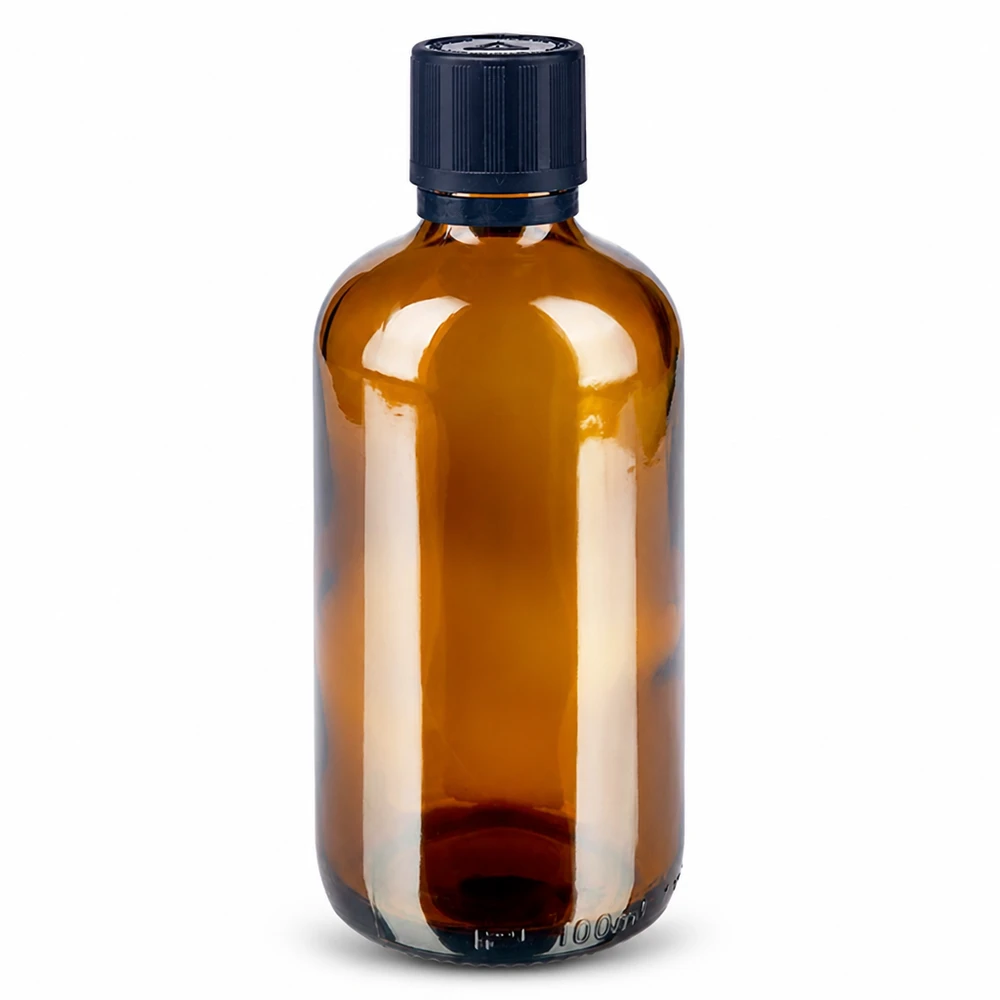 Bruine glazen fles 100ml met zwart druppelsluiting 1mm kinderslot bliw. VR Medicijnflesje van 100 ml van bruin apothekersglas met een zwarte veiligheidsdop en een druppelaar