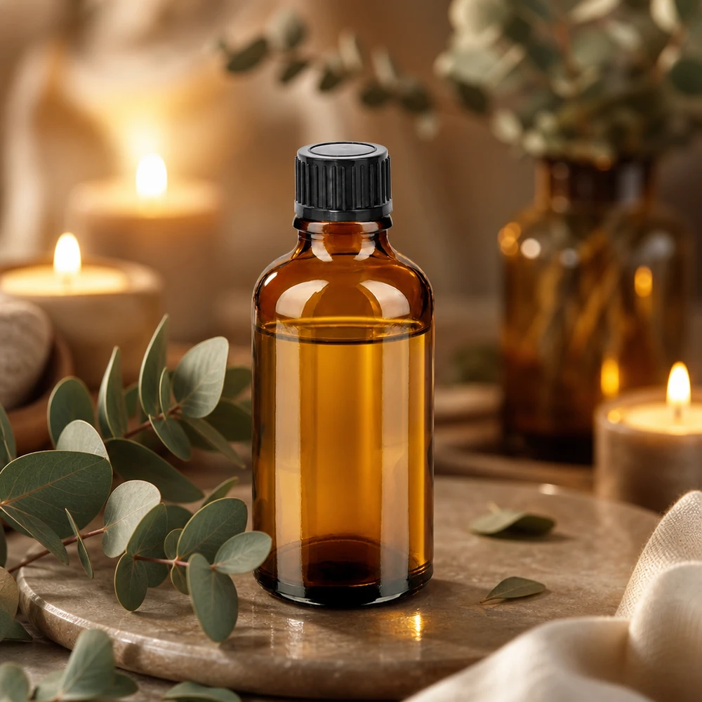 Compact flesje van 50 ml van UV-beschermend bruin glas met zwart deksel voor aromatherapie