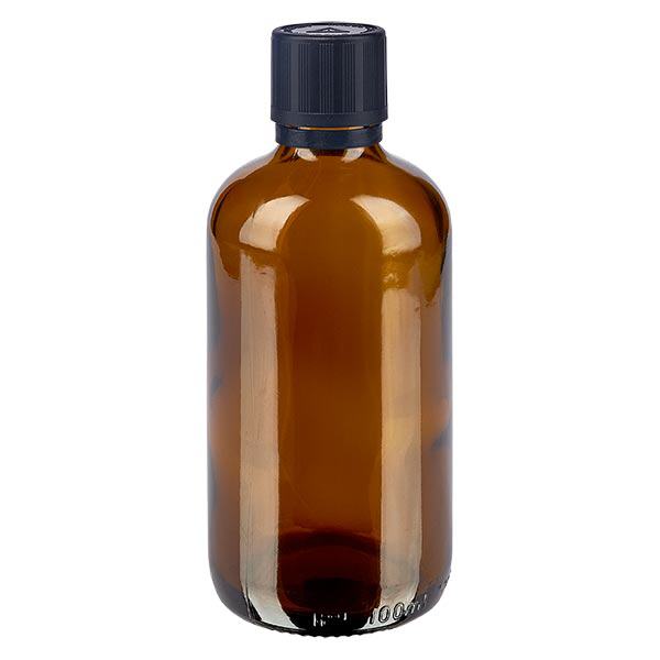 Bruine glazen fles 100ml met zwart druppelsluiting 1mm kinderslot bliw. VR Bruine glazen fles 100ml met zwart druppelsluiting 1mm kinderslot bliw. VR