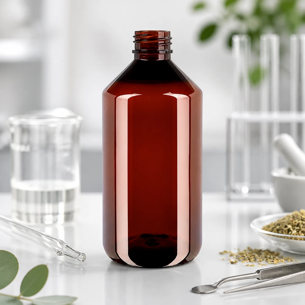 Hoogglanzende ronde PET-fles van 750 ml, amberkleurig, voor farmaceutische vloeistoffen