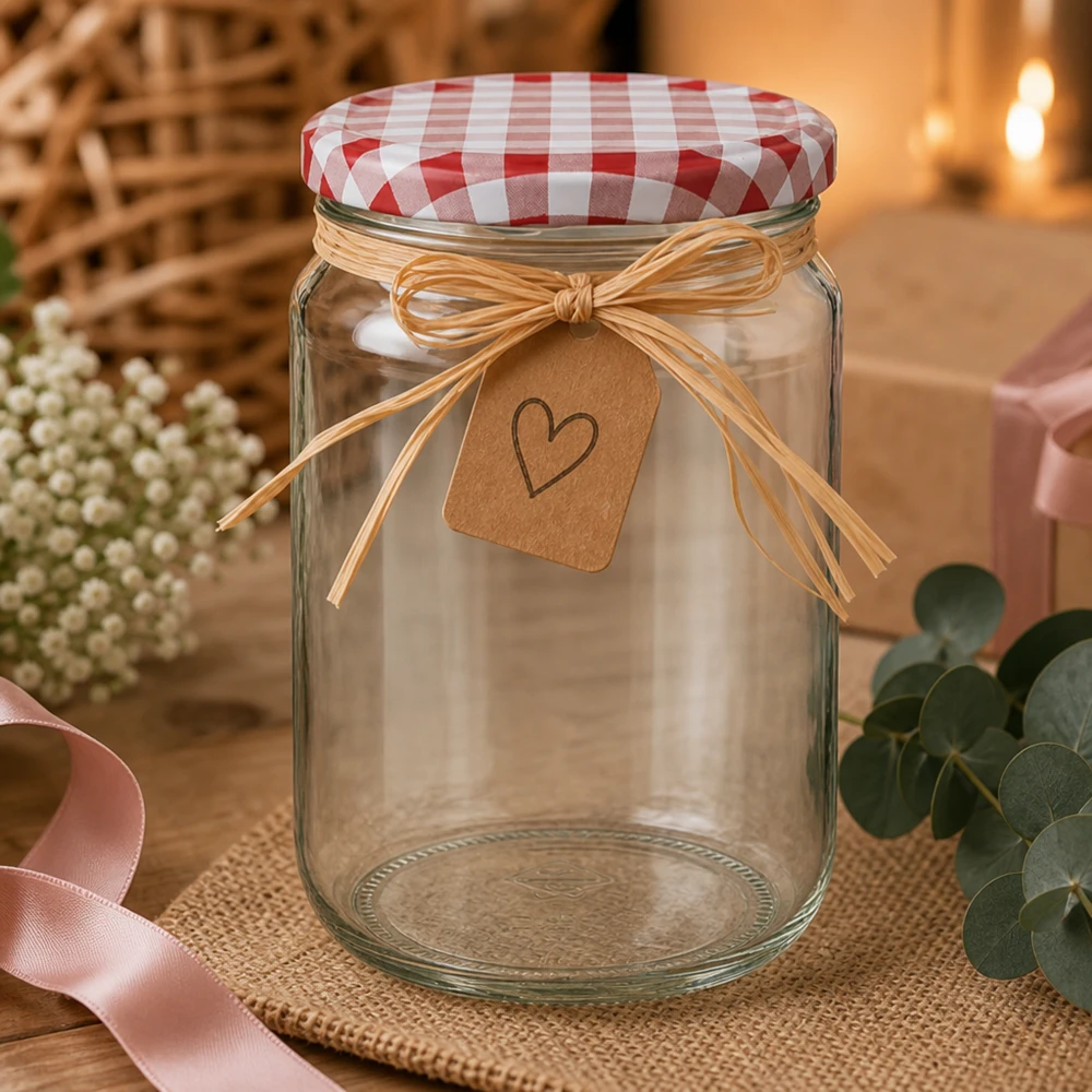 795 ml ronde pot met rood en wit geblokt deksel en hartvormige hanger als geschenkverpakking met romantische decoratie