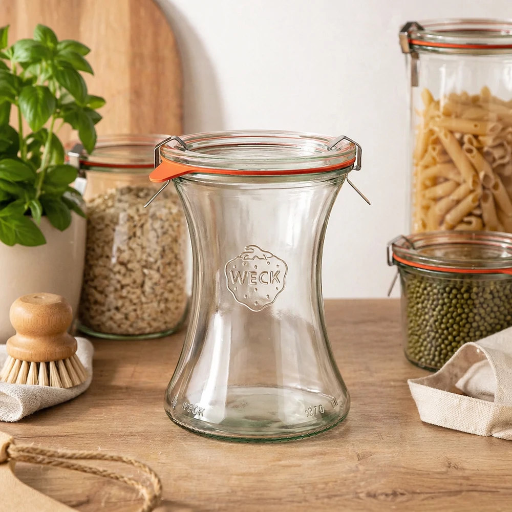 WECK delicatessenpot 370ml RR80 in voorraadkeuken tussen gevulde inmaakpotten met pasta linzen basilicum plant