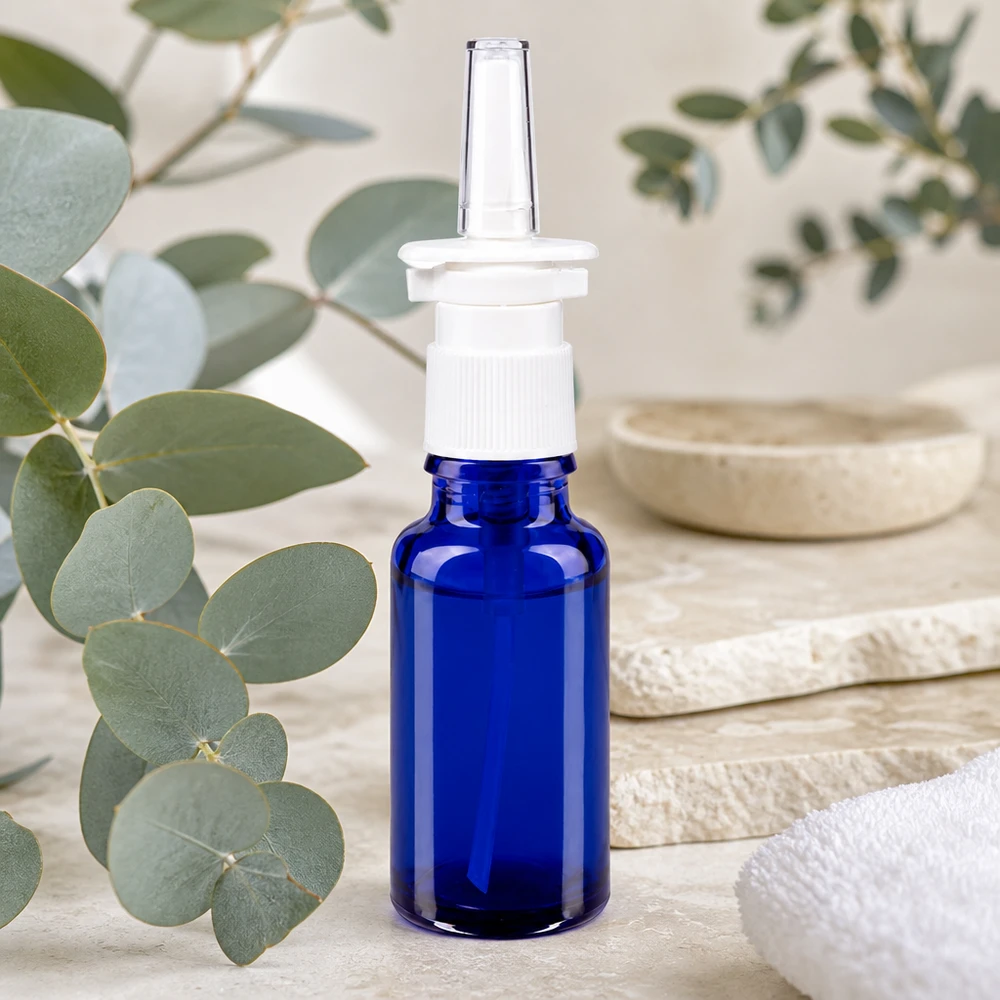 Farmaceutische spuitfles van 20 ml van blauw veiligheidsglas met neusmondstuk en witte pomp