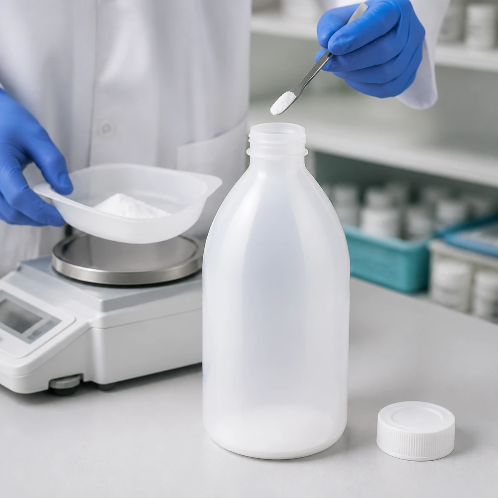 Nauwe hals laboratoriumfles 1000ml met schroefsluiting Chemikalienflasche 1000ml Enghals beim professionellen Abfüllprozess mit Schutzhandschuhen