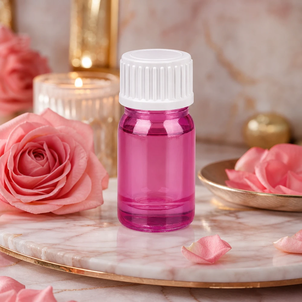 Premium 5 ml glazen flesje in roze-paars met kindveilige schroefdop voor serums