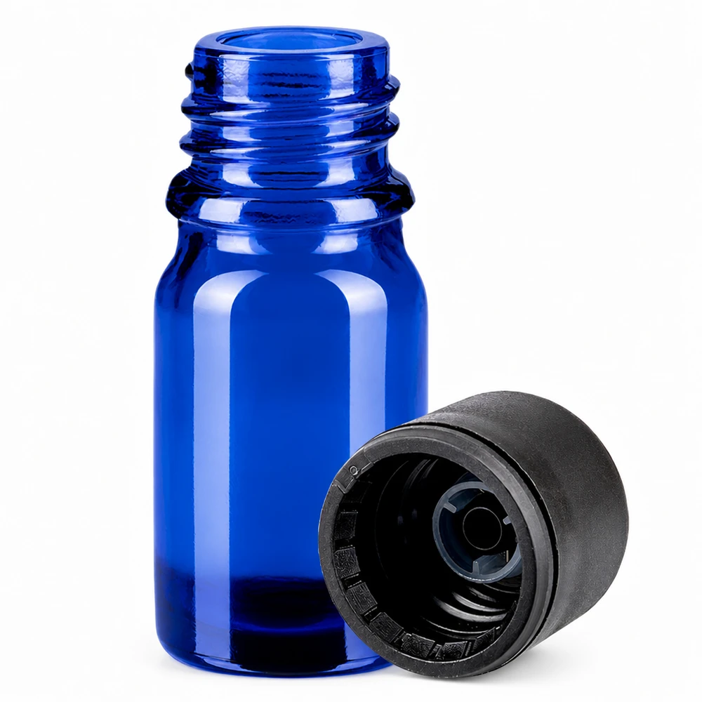 5ml flacon 6mm SV zwart STD BlueLine UT18/5 Handig blauw glazen flesje 5ml met zwarte schroefdop voor mobiel gebruik