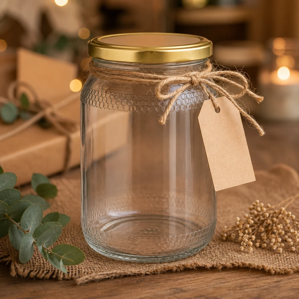 900 ml honingpot leeg met jute koord en etiket - decoratieve presentatie met gouden UNiTWIST deksel