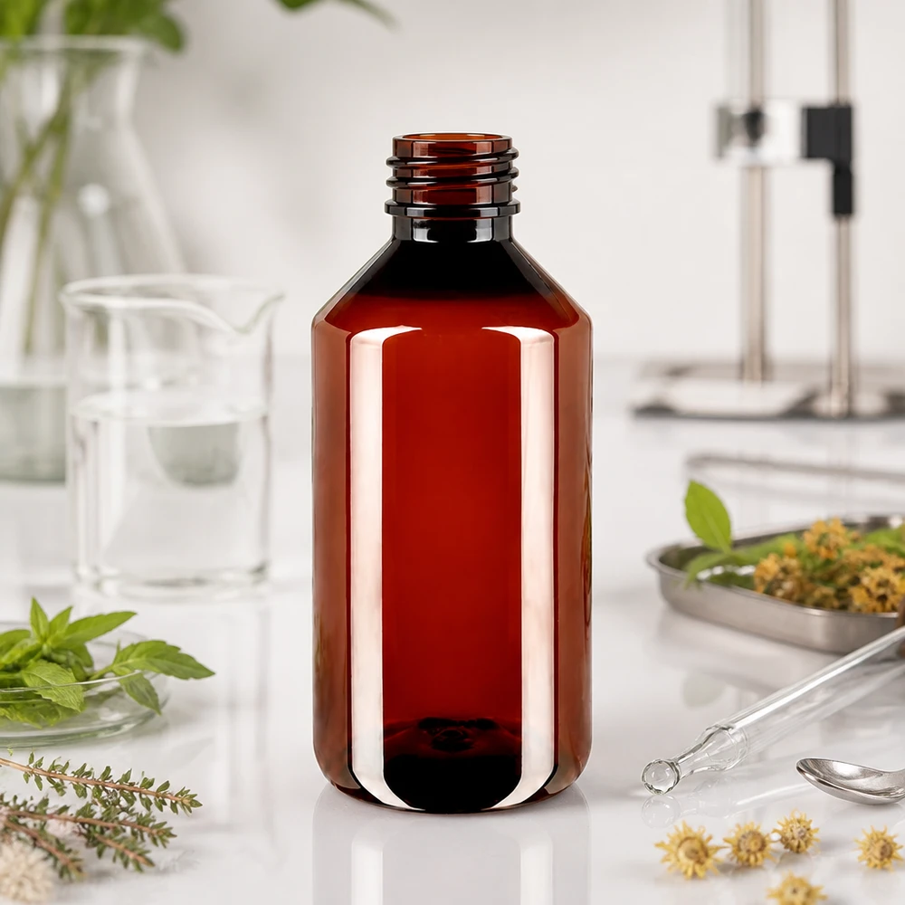 Fles met brede hals, 750 ml, bruin, van PET-kunststof met verzegeling