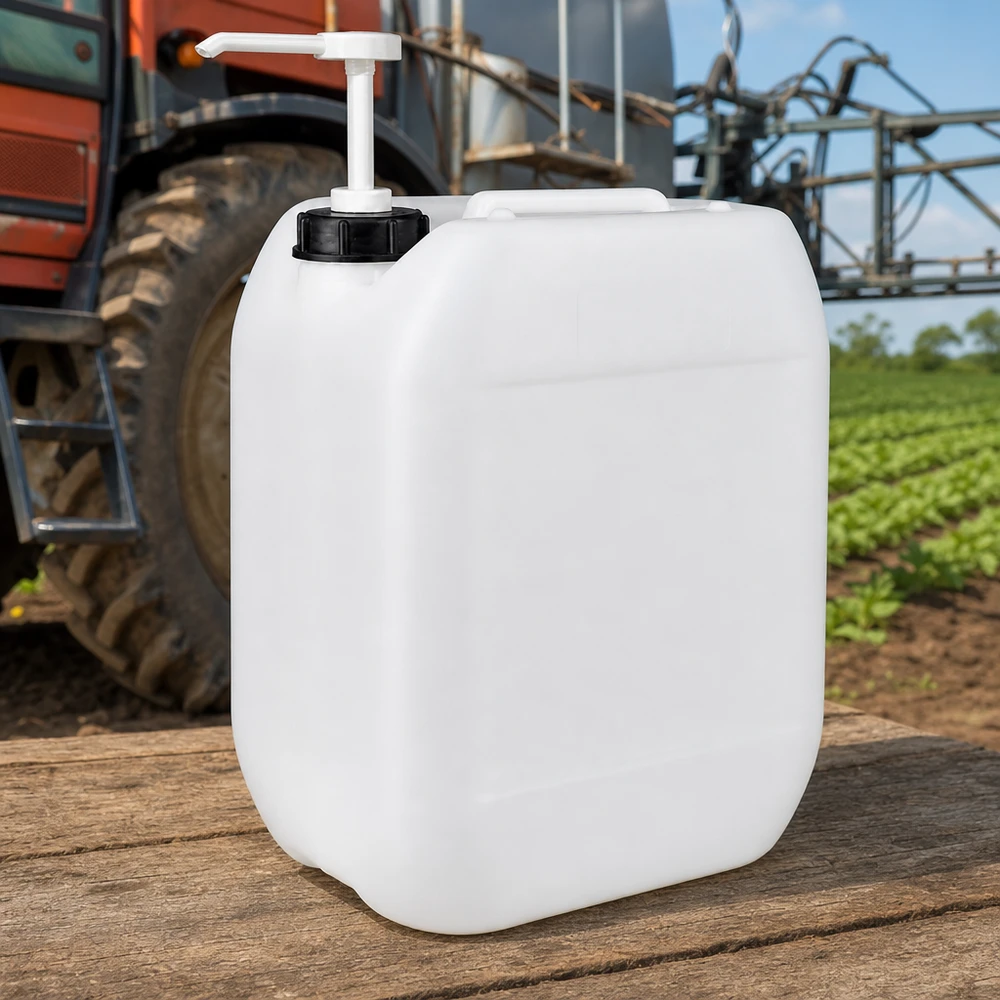 Stapelbare platte jerrycan van 10 liter met zwarte schroefdop en pomp, voor gebruik buitenshuis